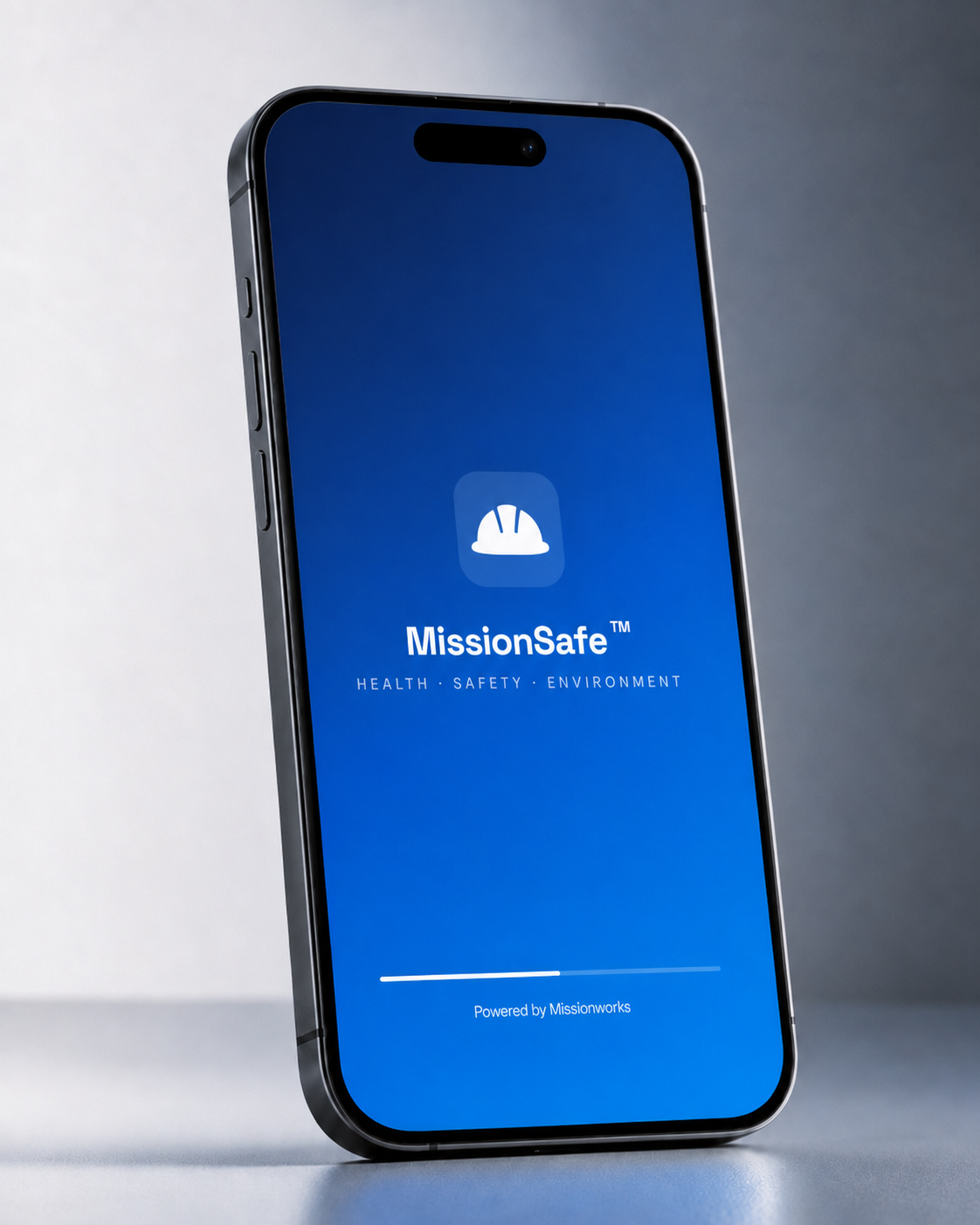 Missionworks MissionSafe HSE mobile app shown on a phone, displaying the Health, Safety, Environment splash screen