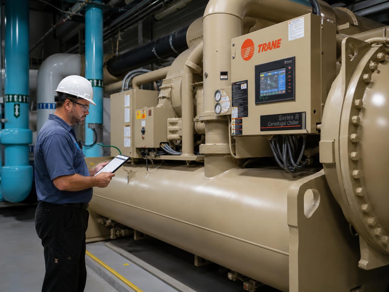 Technician performing a startup and commissioning log check on a water-cooled HVAC chiller