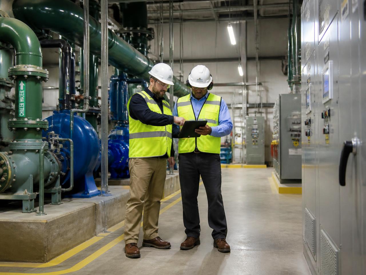 Facility operators reviewing daily operations on a tablet in a central plant room