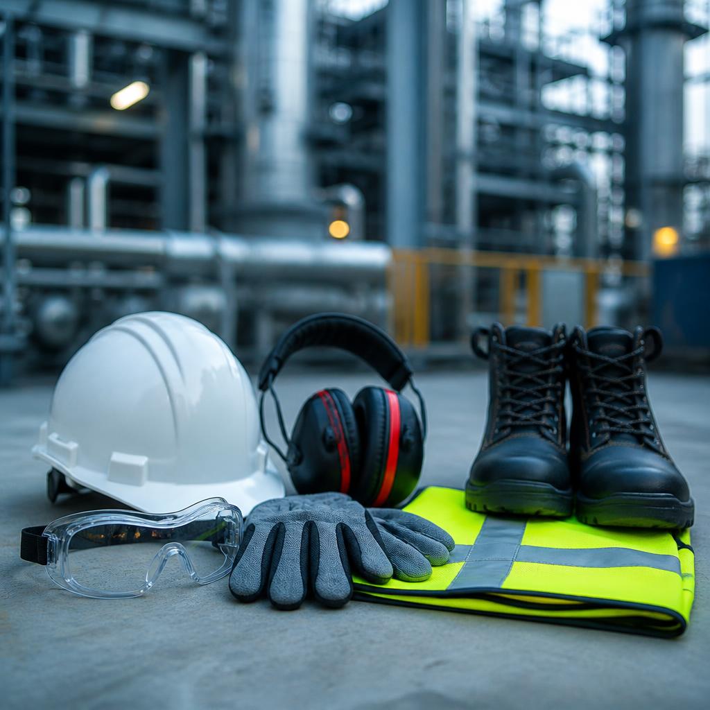 Personal protective equipment laid out at an industrial plant — hard hat, safety glasses, hearing protection, gloves, hi-vis vest and steel-toe boots